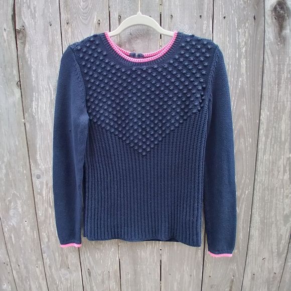 Talbots Sweaters - Talbots size S knit sweater navy blue pink pompom rib long sleeve